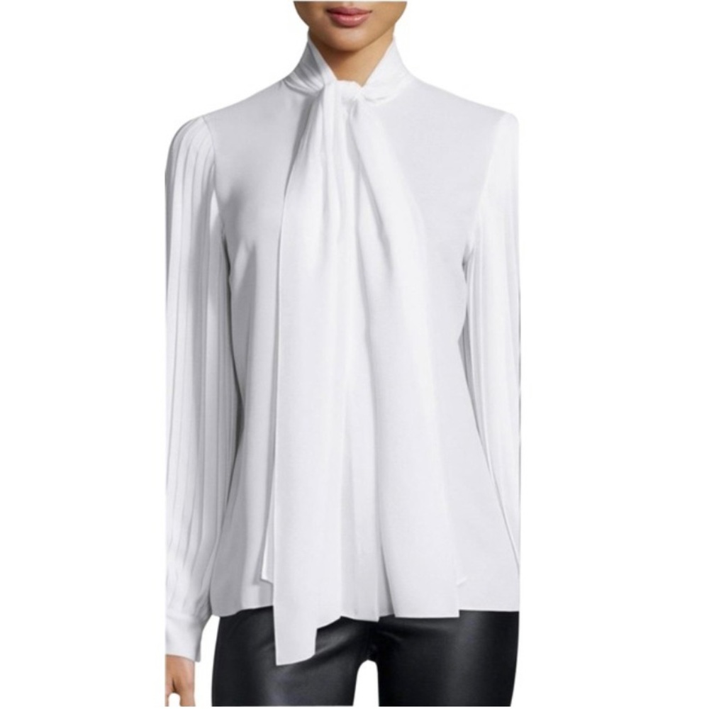 Michael Kors Resort White Tie Neck Blouse Pleated Sleeves Size 8 NWT